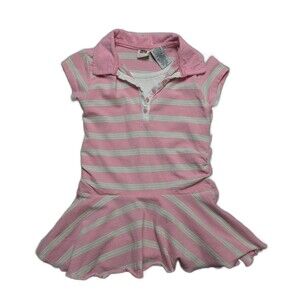 Vintage Y2K Faded Glory Girls Pink Striped Polo Dress 24m Cotton Built in Shirt
